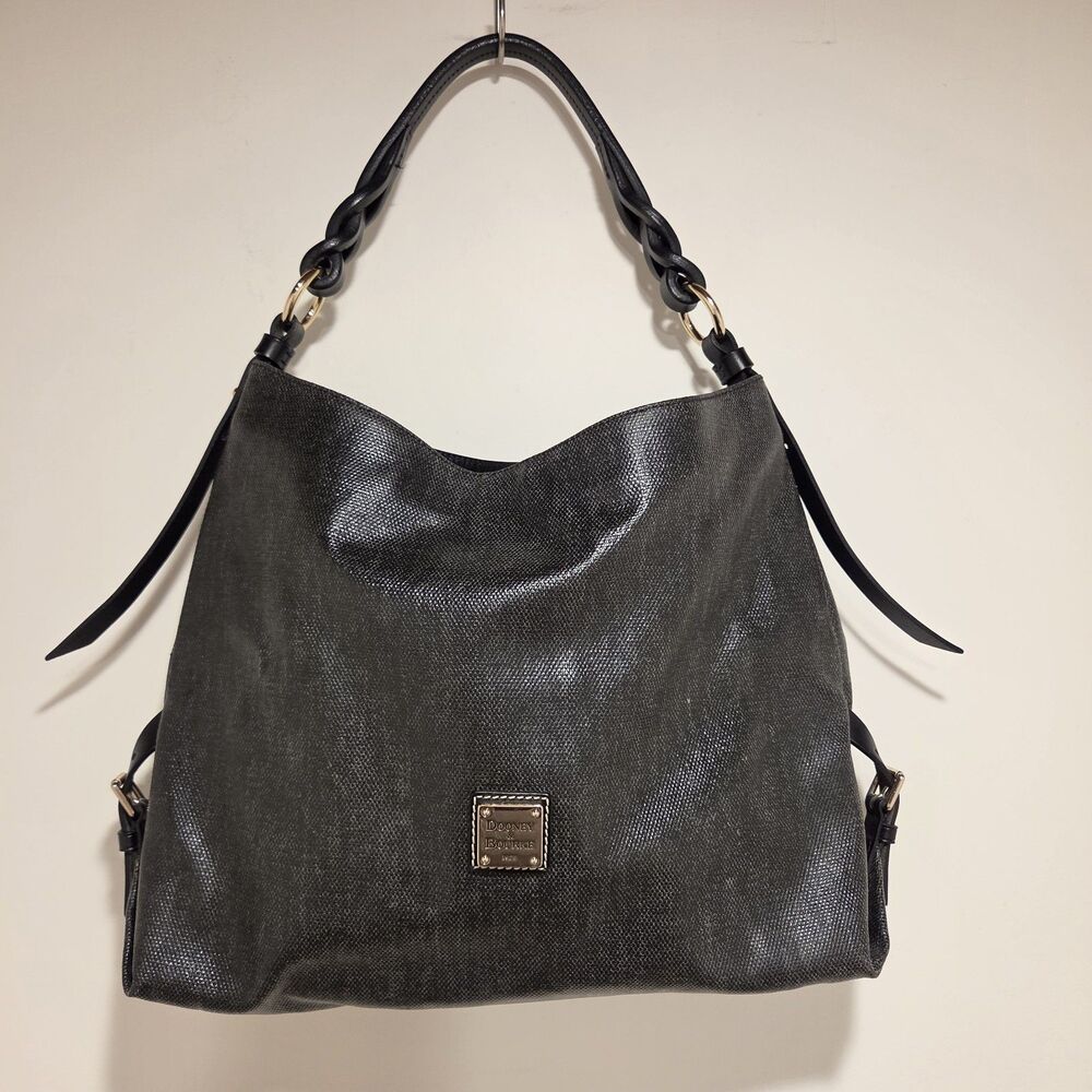 Dooney And Bourke Hobo Shoulder Bag Large Black Gray Textured Carryall Designer